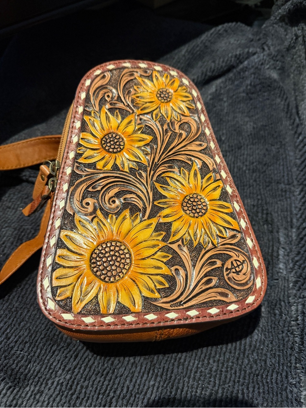 Hand-Tooled Sunflower concealed carry sling Bag